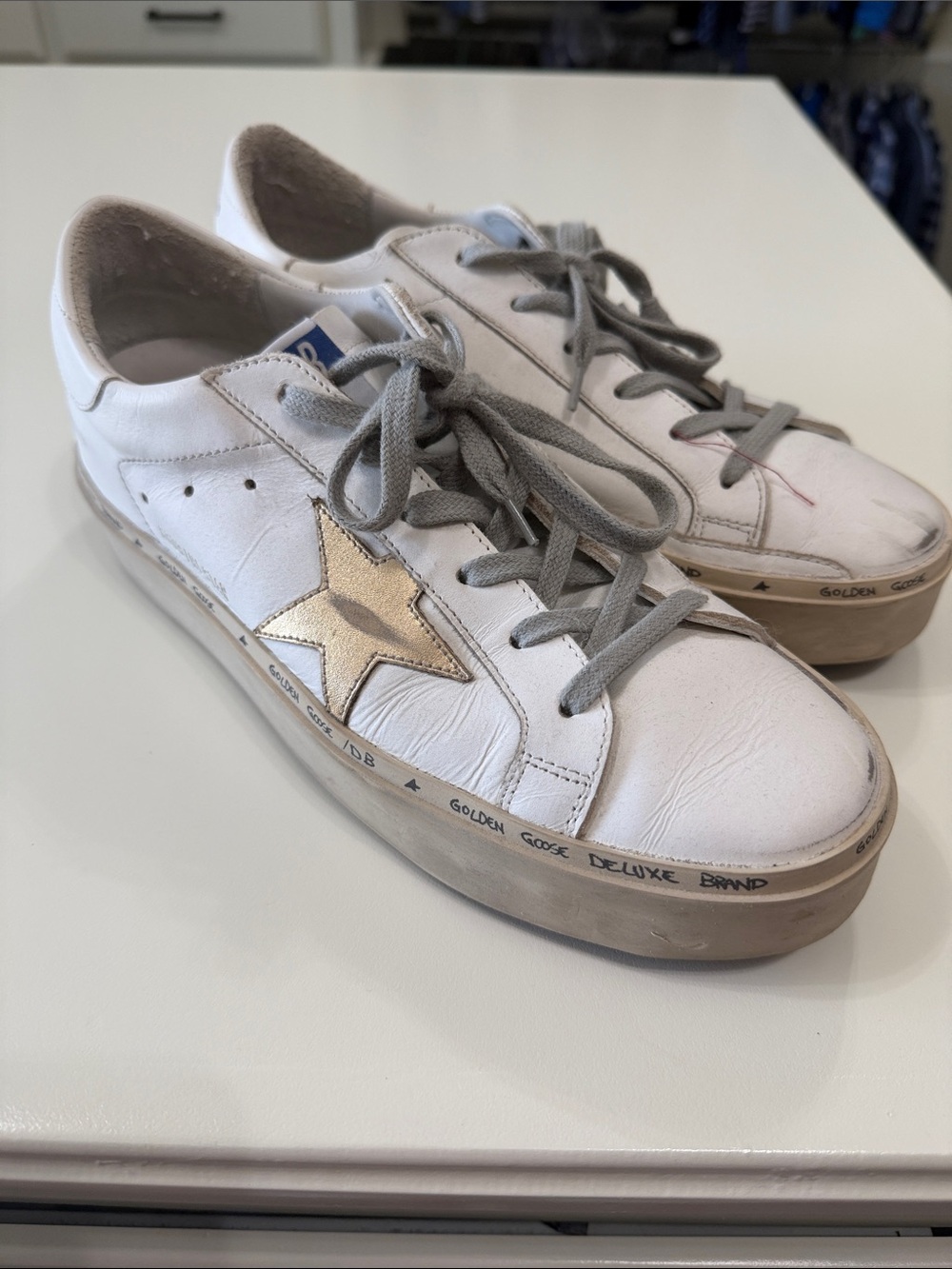 Golden Goose Hi Star White Leather Sneakers with Gold Star Accent